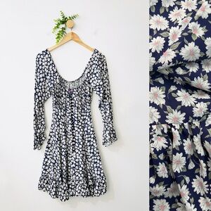 Vintage Ditsy Milkmaid Navy Cottagecore Floral Long Sleeve Dress